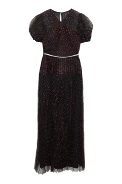 Black polyester dot mesh ruched puff sleeve midi A-line dress with crystal-embellished waistband