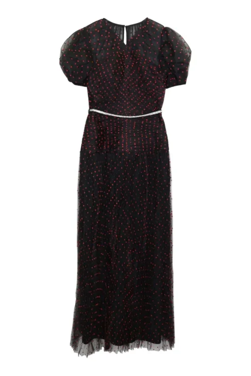 Black polyester dot mesh ruched puff sleeve midi A-line dress with crystal-embellished waistband