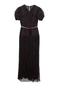 Black polyester dot mesh ruched puff sleeve midi A-line dress with crystal-embellished waistband