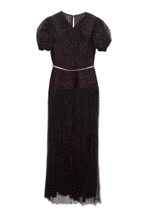 Black polyester dot mesh ruched puff sleeve midi A-line dress with crystal-embellished waistband