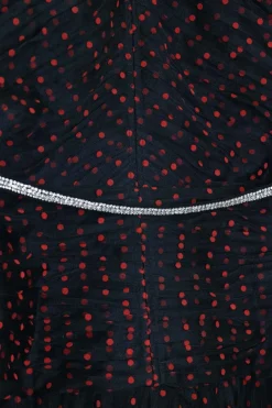 Black polyester dot mesh ruched puff sleeve midi A-line dress with crystal-embellished waistband