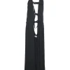 Black polyester draped buckle front harness dress overlay