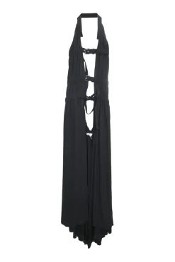 Black polyester draped buckle front harness dress overlay