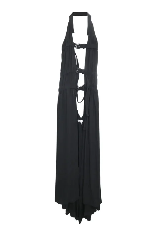 Black polyester draped buckle front harness dress overlay