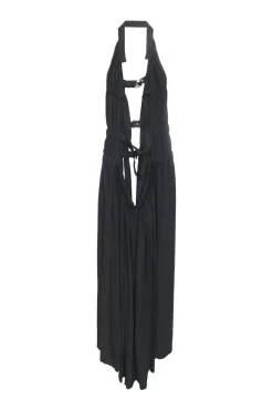 Black polyester draped buckle front harness dress overlay