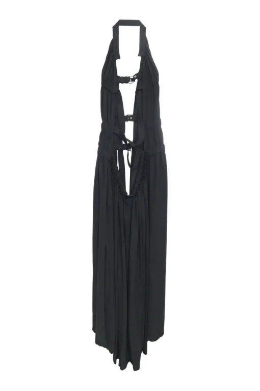 Black polyester draped buckle front harness dress overlay