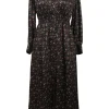 Black polyester floral ditsy print empire-waist button-front A-line midi dress with bishop sleeves
