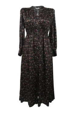 Black polyester floral ditsy print empire-waist button-front A-line midi dress with bishop sleeves