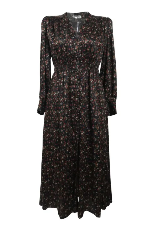 Black polyester floral ditsy print empire-waist button-front A-line midi dress with bishop sleeves