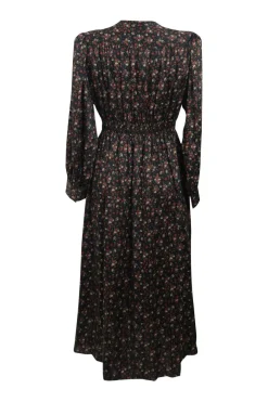 Black polyester floral ditsy print empire-waist button-front A-line midi dress with bishop sleeves