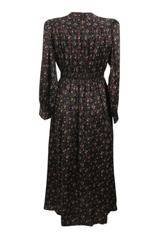 Black polyester floral ditsy print empire-waist button-front A-line midi dress with bishop sleeves