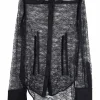 Black polyester floral lace shirt with point collar, exaggerated cuffs, and corset-style bodice boning
