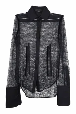 Black polyester floral lace shirt with point collar, exaggerated cuffs, and corset-style bodice boning