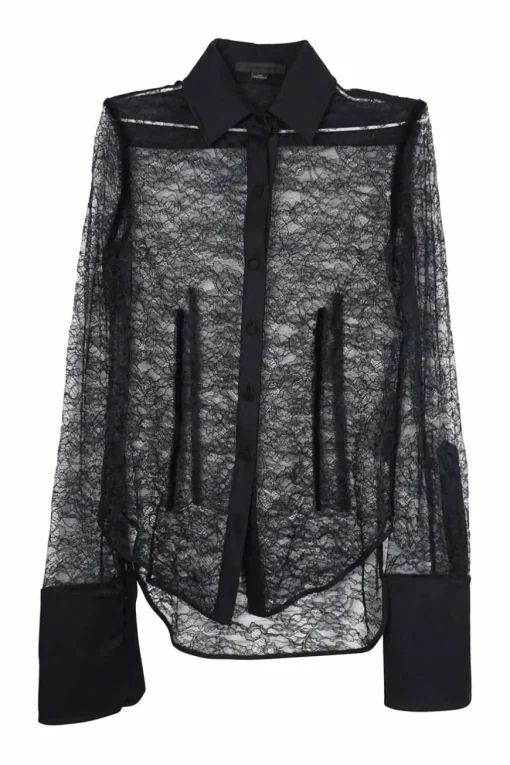Black polyester floral lace shirt with point collar, exaggerated cuffs, and corset-style bodice boning