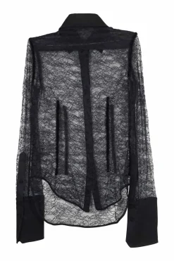 Black polyester floral lace shirt with point collar, exaggerated cuffs, and corset-style bodice boning