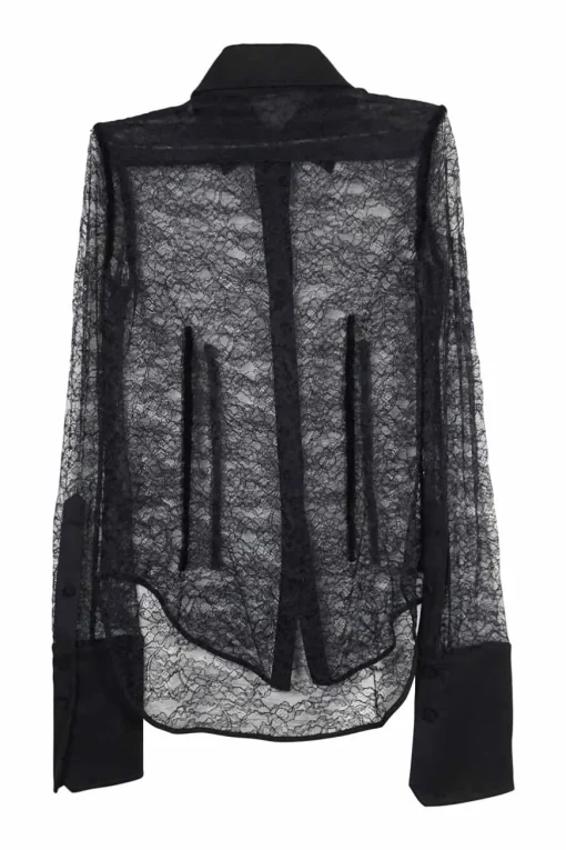 Black polyester floral lace shirt with point collar, exaggerated cuffs, and corset-style bodice boning