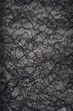 Black polyester floral lace shirt with point collar, exaggerated cuffs, and corset-style bodice boning