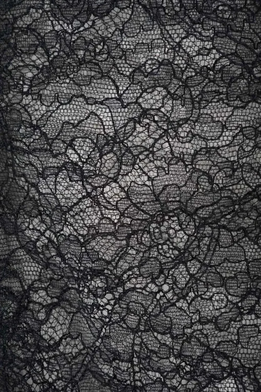 Black polyester floral lace shirt with point collar, exaggerated cuffs, and corset-style bodice boning