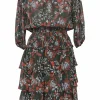 Black polyester floral print off-shoulder mini dress with gathered bodice, shirred waistband, and tier ruffle skirt