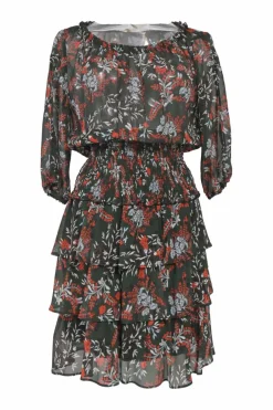 Black polyester floral print off-shoulder mini dress with gathered bodice, shirred waistband, and tier ruffle skirt
