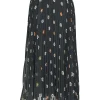 Black polyester floral print pull-on belted A-line plissé midi skirt