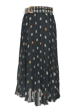 Black polyester floral print pull-on belted A-line plissé midi skirt