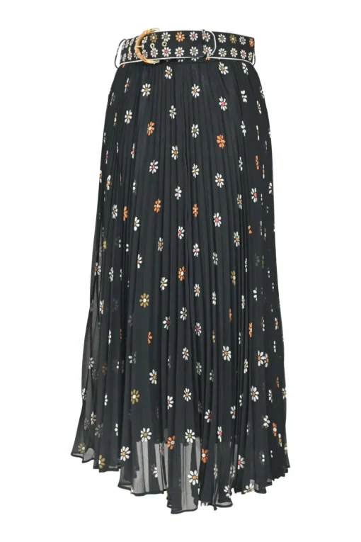 Black polyester floral print pull-on belted A-line plissé midi skirt