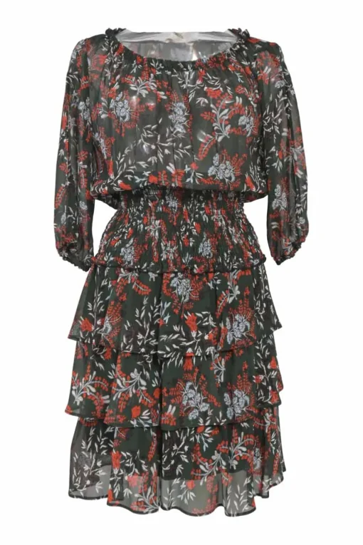 Black polyester floral print off-shoulder mini dress with gathered bodice, shirred waistband, and tier ruffle skirt