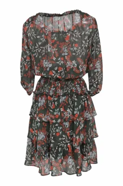 Black polyester floral print off-shoulder mini dress with gathered bodice, shirred waistband, and tier ruffle skirt