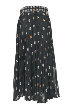 Black polyester floral print pull-on belted A-line plissé midi skirt