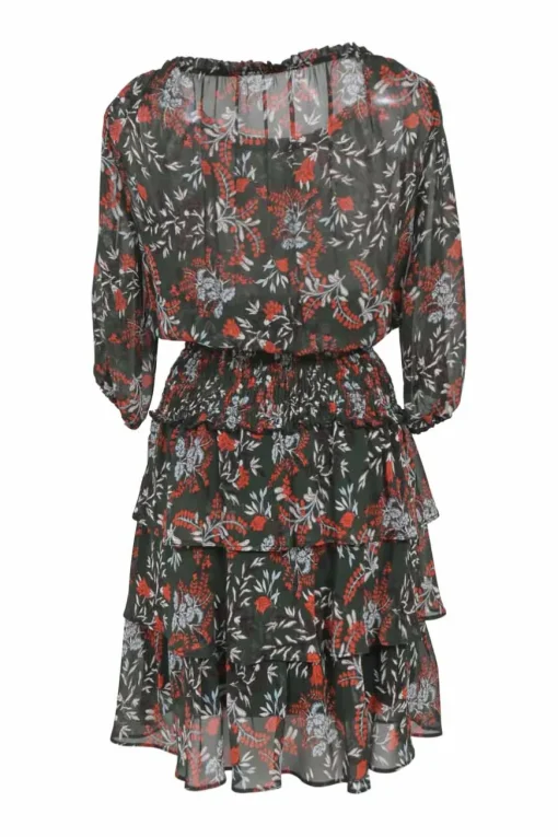 Black polyester floral print off-shoulder mini dress with gathered bodice, shirred waistband, and tier ruffle skirt