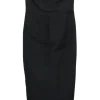 Black polyester fold over strapless sheath dress with corset-style internal bodice boning