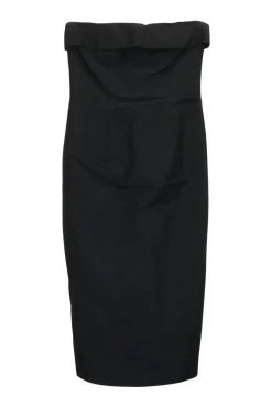 Black polyester fold over strapless sheath dress with corset-style internal bodice boning