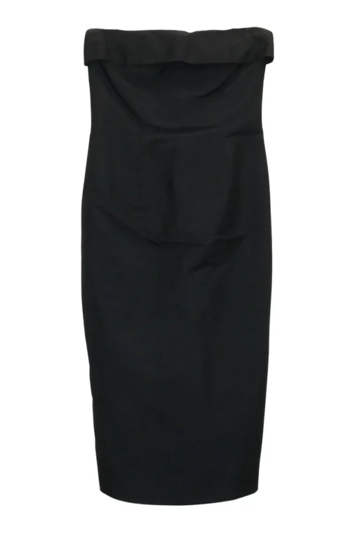 Black polyester fold over strapless sheath dress with corset-style internal bodice boning