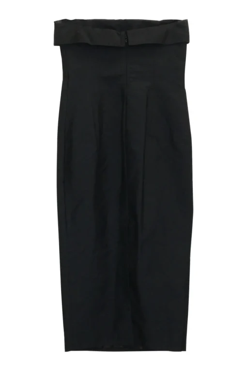 Black polyester fold over strapless sheath dress with corset-style internal bodice boning
