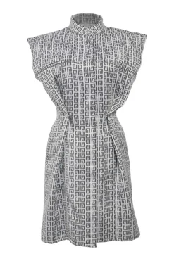 Black polyester 4G monogram jacquard band collar cap sleeve mini dress with tucked waist and concealed front fastening
