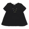 Black polyester grommet-embellished lace-up V-neck swing-style short sleeve blouse