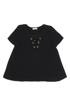 Black polyester grommet-embellished lace-up V-neck swing-style short sleeve blouse