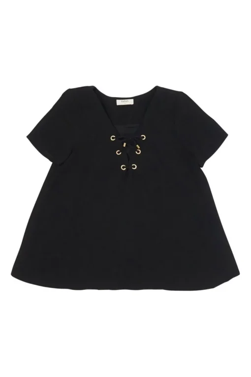 Black polyester grommet-embellished lace-up V-neck swing-style short sleeve blouse