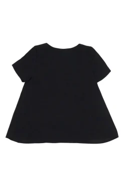 Black polyester grommet-embellished lace-up V-neck swing-style short sleeve blouse