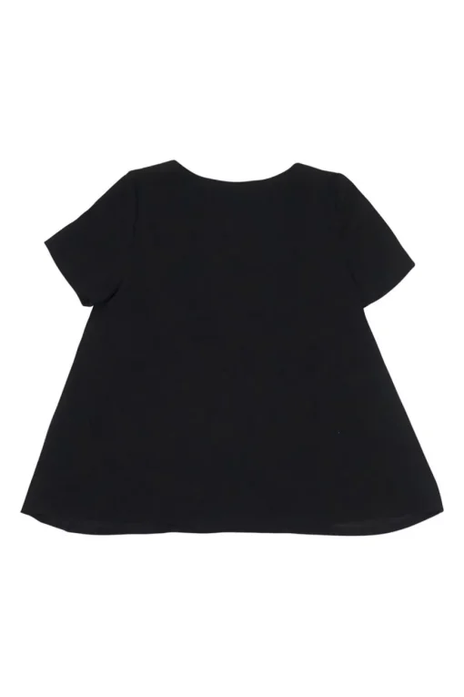 Black polyester grommet-embellished lace-up V-neck swing-style short sleeve blouse