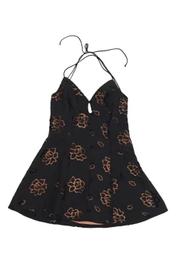 Black polyester keyhole-front Renee peekaboo halter criss-cross back skater dress featuring rose motif