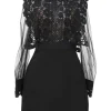 Black polyester mixed-media high-collar peek-a-boo sheath dress with guipure lace bodice and tulle sleeves