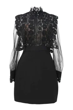 Black polyester mixed-media high-collar peek-a-boo sheath dress with guipure lace bodice and tulle sleeves