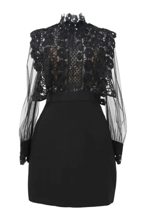 Black polyester mixed-media high-collar peek-a-boo sheath dress with guipure lace bodice and tulle sleeves