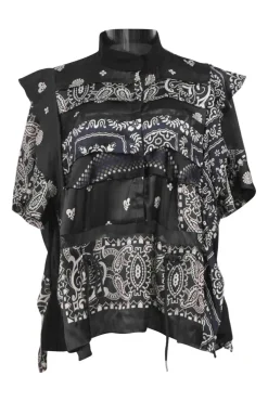 Black polyester mixed-media raw-edge band collar button-front dolman sleeve blouse with drawstring waist and concealed placket