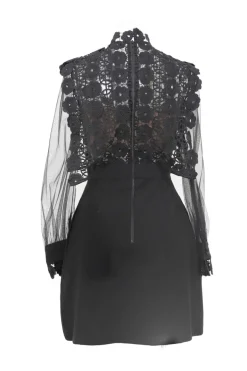Black polyester mixed-media high-collar peek-a-boo sheath dress with guipure lace bodice and tulle sleeves