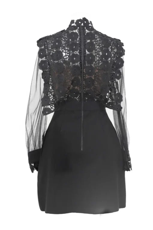 Black polyester mixed-media high-collar peek-a-boo sheath dress with guipure lace bodice and tulle sleeves