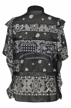 Black polyester mixed-media raw-edge band collar button-front dolman sleeve blouse with drawstring waist and concealed placket