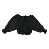 Black polyester off-shoulder balloon sleeve crop top with ribbon-tie fastening at centre front